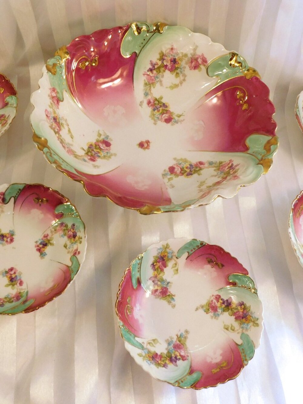 MZ Austria Set of One Large and Five Small Pink and Teal Bowl Set # 26799